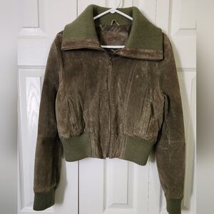 Genuine Suede Leather Bomber Jacket In Olive Large